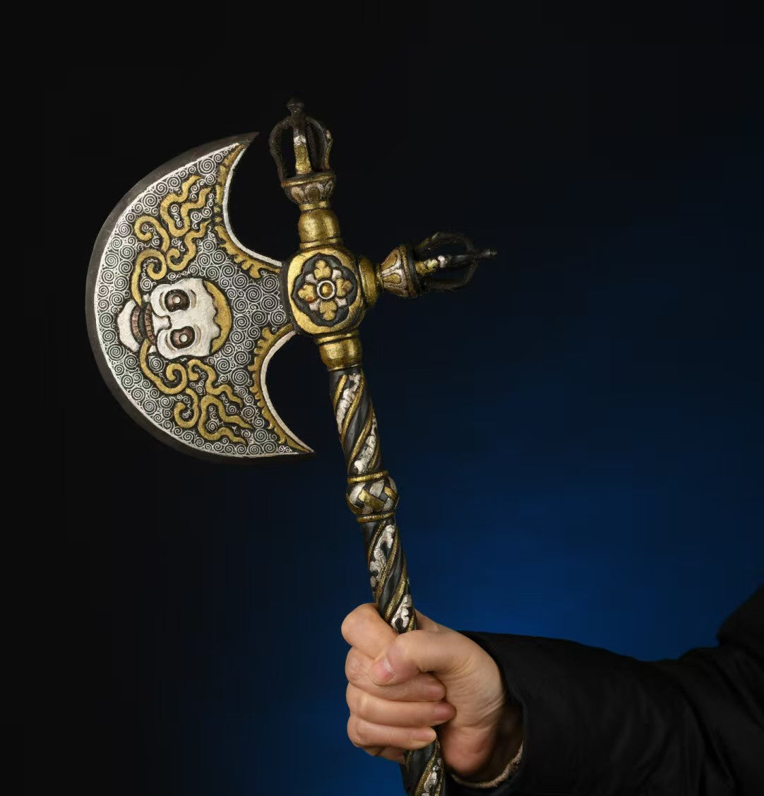 Handcrafted Brass Iron & Silver Talisman Axe Pendant, symbolizing spiritual power and protection in Tibetan Buddhism. Ideal for rituals, meditation, and as a unique spiritual accessory.