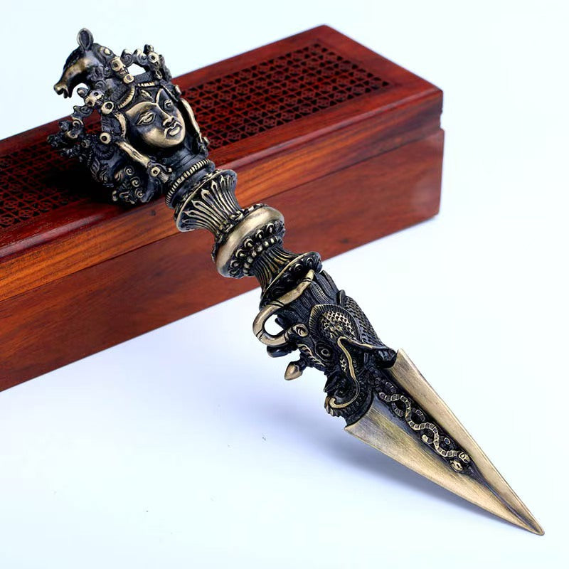 Tibetan Buddhist ritual implements culture brass Hayagriva Phurba Vajra, handcrafted Buddhist ritual implements art for meditation, altar display, and spiritual protection.