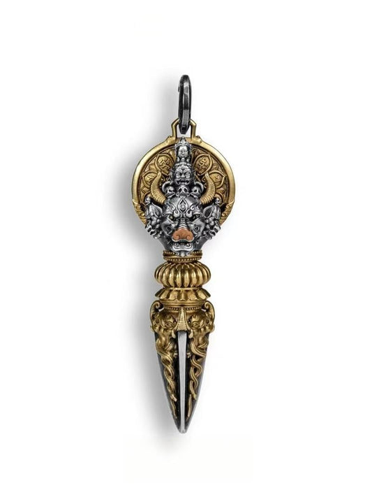 Handcrafted brass Mahakala Phurba, symbolizing spiritual protection and power. This Tibetan Buddhist ritual art piece is perfect for rituals, meditation, and enhancing your spiritual space.