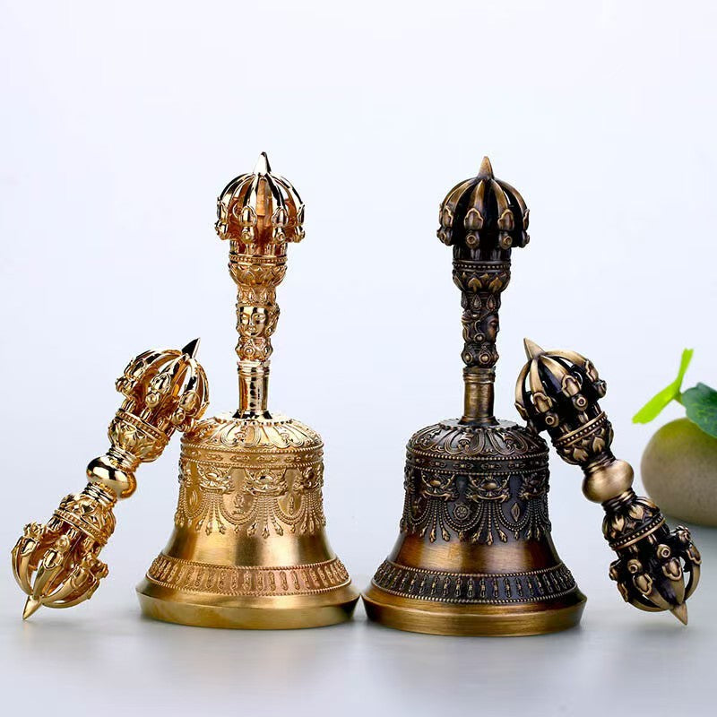 Handcrafted Brass Vajra with Bell, representing Tibetan Buddhist ritual implements culture. A powerful spiritual artifact for rituals, meditation, and home decor.