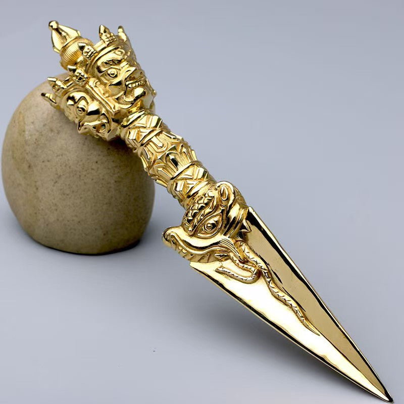 Tibetan Buddhist ritual implements culture handcrafted brass Phurba Vajra, authentic Buddhist ritual implements art for meditation, spiritual practice, and energy protection.