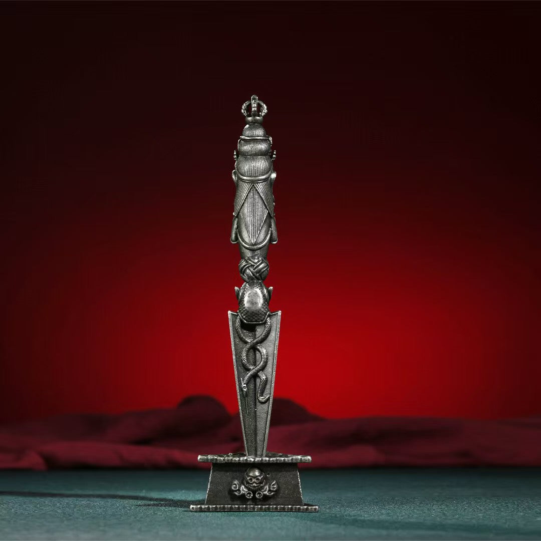 A powerful Tibetan Buddhist ritual tool representing the path to enlightenment and spiritual protection. This unique Phurba Vajra is perfect for home altars and meditation rooms.