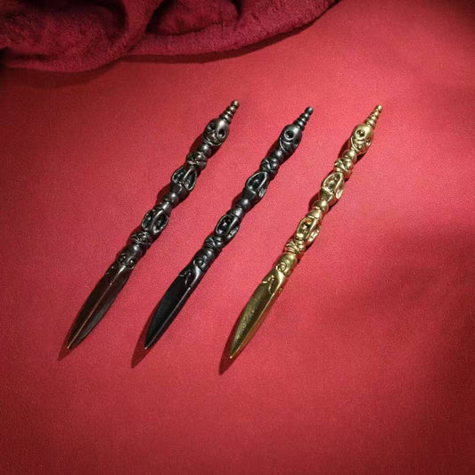 Handcrafted Brass Vajra Phurba, symbolizing the five bodies of Buddha in Tibetan Buddhism. A powerful tool representing spiritual enlightenment and transformation, perfect for altars and meditation spaces.