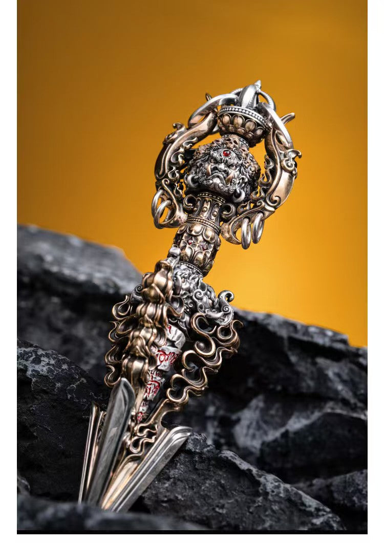 Traditional brass Phurba dagger, hand-carved with intricate details. This handcrafted Buddhist sculpture is perfect for home altars or as a spiritual gift.