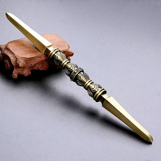 Handcrafted brass single-prong Vajra, a large decorative sculpture reflecting Tibetan Buddhist ritual implements culture. Perfect for spiritual spaces and home decor.
