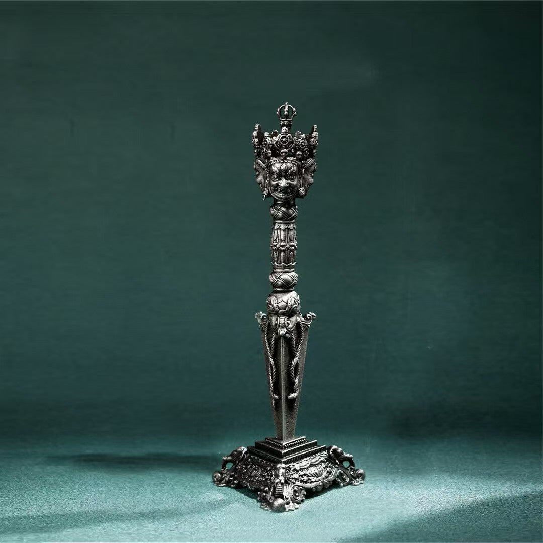 Handcrafted Brass Phurba Vajra with Gessho Flower, a sacred tool for spiritual protection and purification, perfect for your Buddhist altar and rituals.