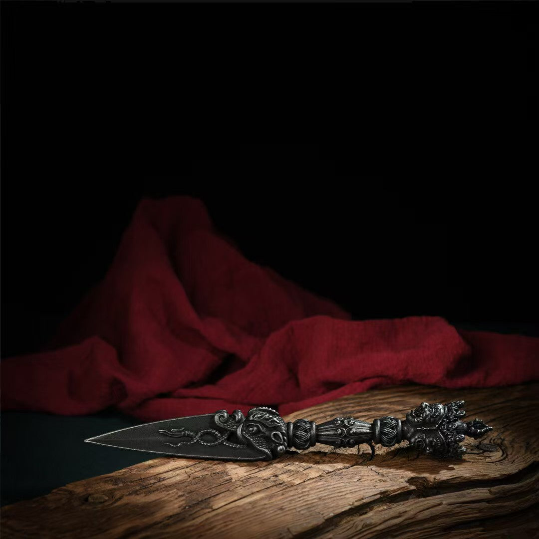 Brass Vajra Phurba with Base, handcrafted Tibetan Buddhist ritual tool for protection and spiritual purification. Ideal for rituals, meditation, and sacred spaces.