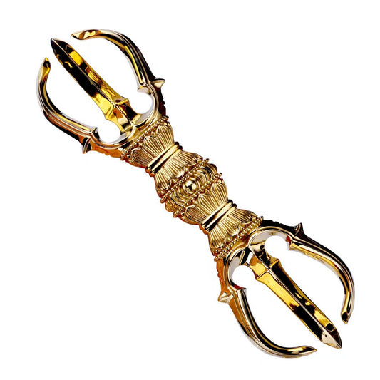 Handcrafted Brass Three-Pronged Vajra, a powerful Tibetan Buddhist ritual tool used in Tantric rituals for spiritual protection and purification. Ideal for meditation and sacred spaces.