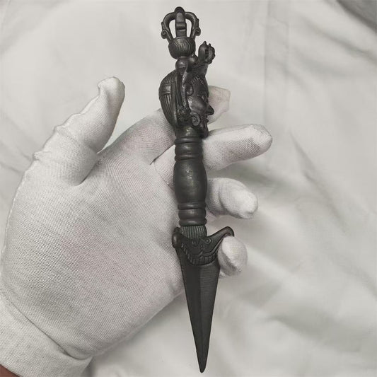 Handcrafted brass Tian Tie Phurba, inspired by Tibetan Buddhist ritual implements culture, symbolizing spiritual transformation, protection, and purification in Buddhist rituals.