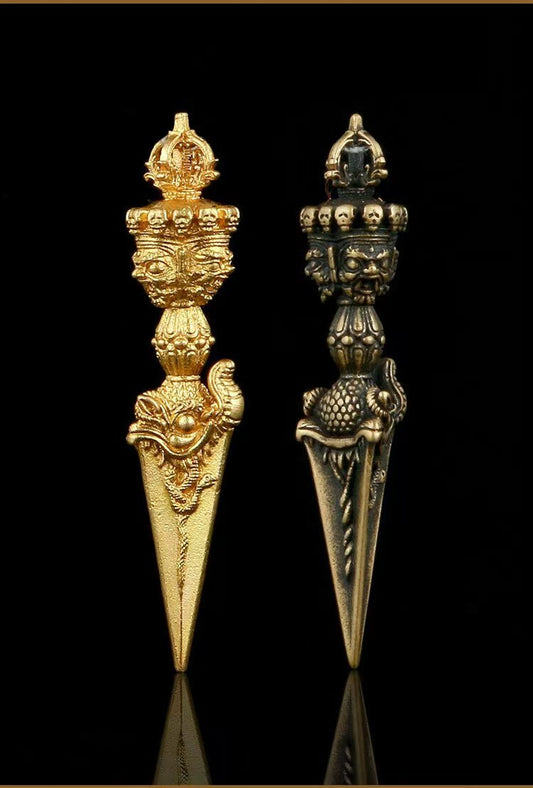 This handcrafted brass Vajra Phurba symbolizes the power and protection of Tibetan Buddhism. Used for exorcising evil and protecting the Dharma, it’s perfect for religious ceremonies or as a collector’s item, bringing sacred energy