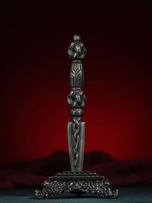 Handcrafted Brass Tian Tie Vajra Phurba with Base, representing Tibetan Buddhist ritual implements culture. A sacred artifact of Tibetan Buddhist ritual art, perfect for spiritual practices and collections.