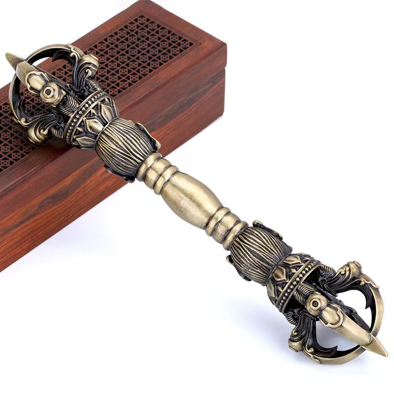Tibetan Buddhist ritual implements culture brass five-pronged Vajra, handcrafted Buddhist ritual implements art for meditation, altar use, and spiritual energy.