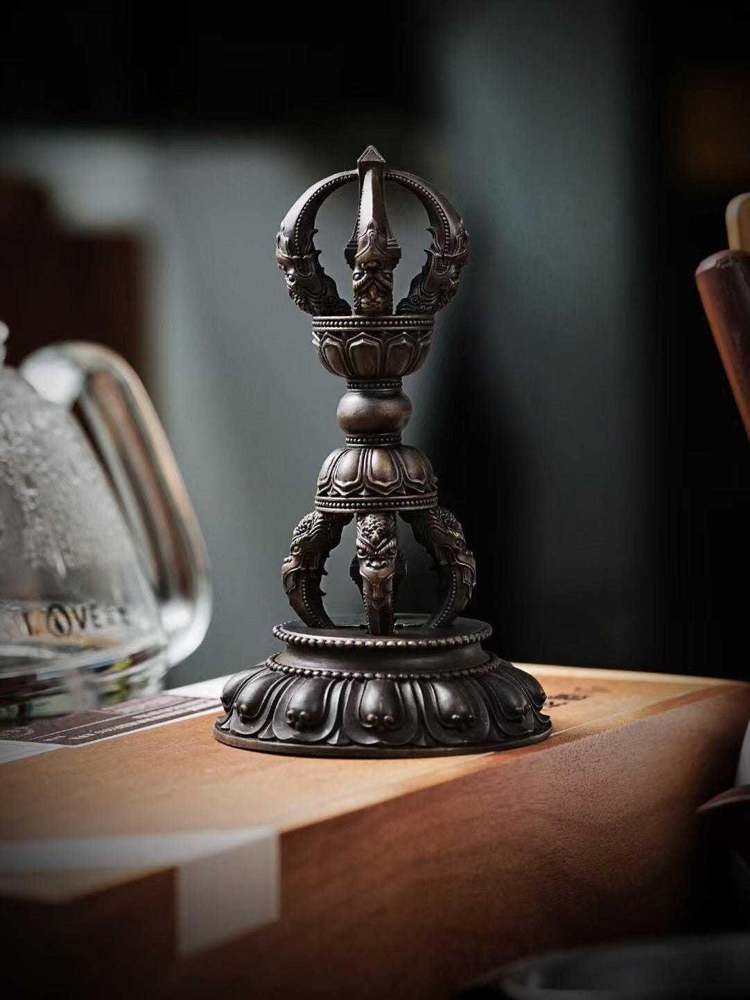 Five-Pronged Vajra Dagger, handcrafted in brass, representing spiritual clarity and power. A perfect addition to Tibetan Buddhist altars and ritual spaces.