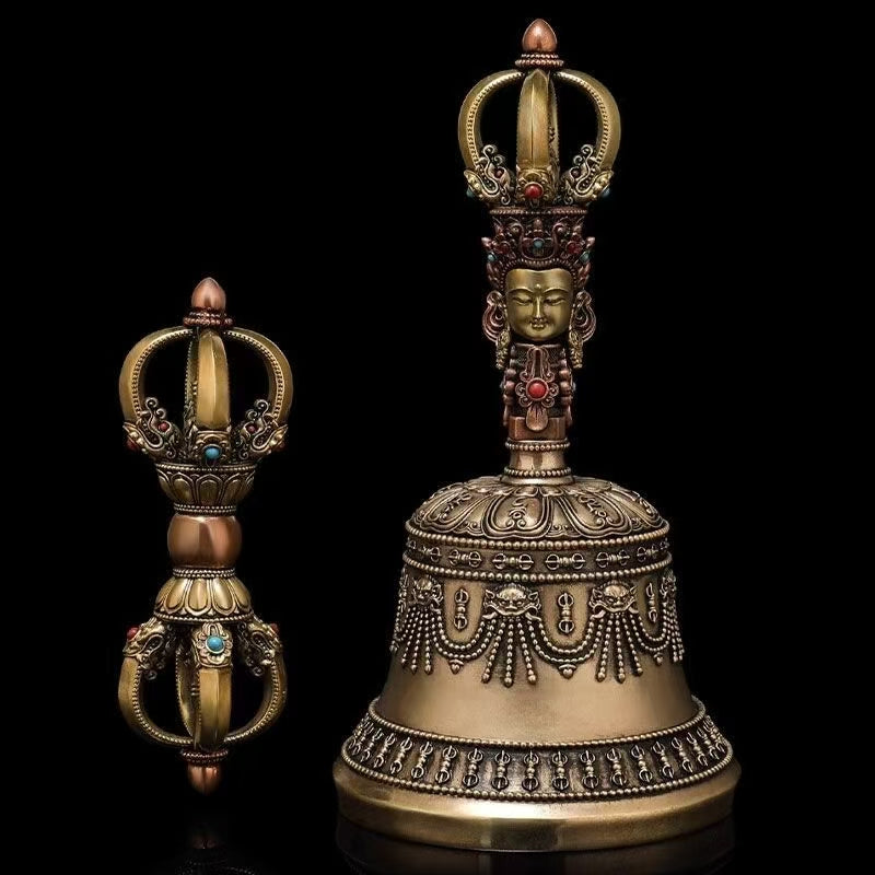Handcrafted Brass Bell featuring the Eight Auspicious Symbols and a floral design, perfect for Tibetan Buddhist rituals, meditation, and enhancing spiritual spaces.