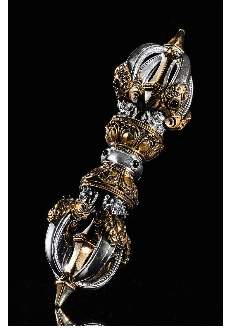 Brass Five-Prong Vajra handle, handcrafted for use in Tibetan Buddhist rituals and meditation. A spiritual tool that promotes protection, strength, and balance