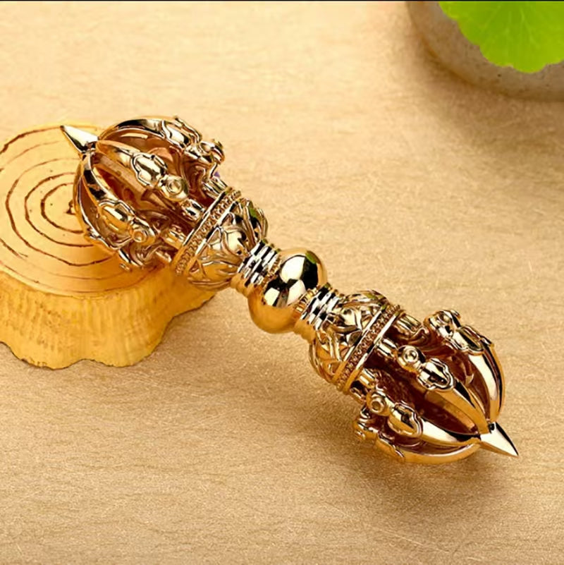 Handcrafted Brass Five-Prong Vajra handle, a spiritual symbol of strength and protection in Tibetan Buddhism. Ideal for meditation and home spiritual decor