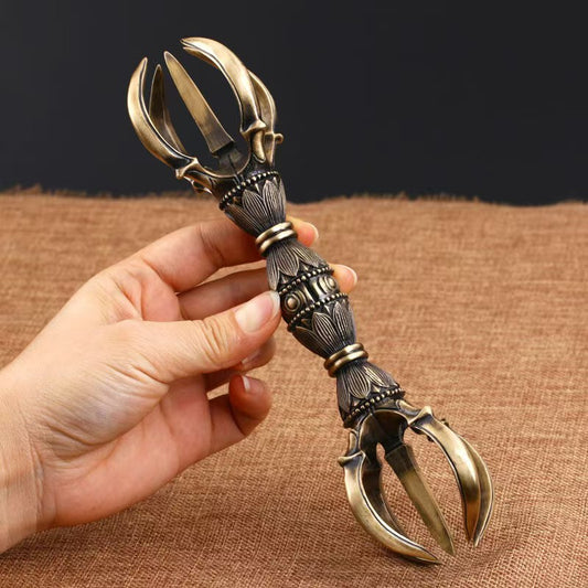 "Handcrafted Brass Five-Prong Vajra Handle, a powerful spiritual tool for Tibetan Buddhist practices. Enhances spiritual energy and provides protection during rituals."