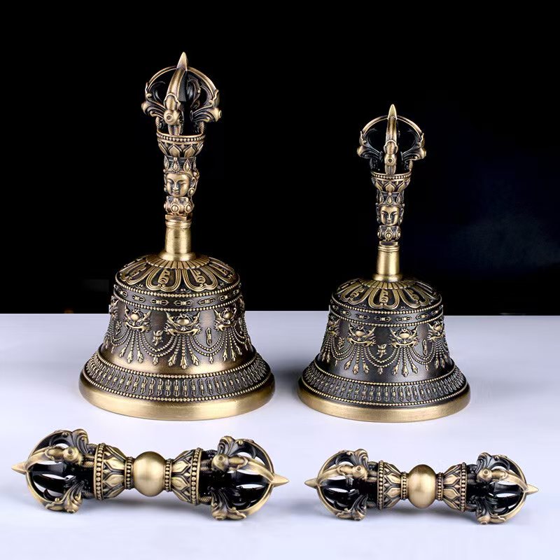 Brass Five-Pronged Vajra Bell, meticulously handcrafted as a ritual art piece. This Tibetan Buddhist bell is used in rituals, offering spiritual clarity and protection.