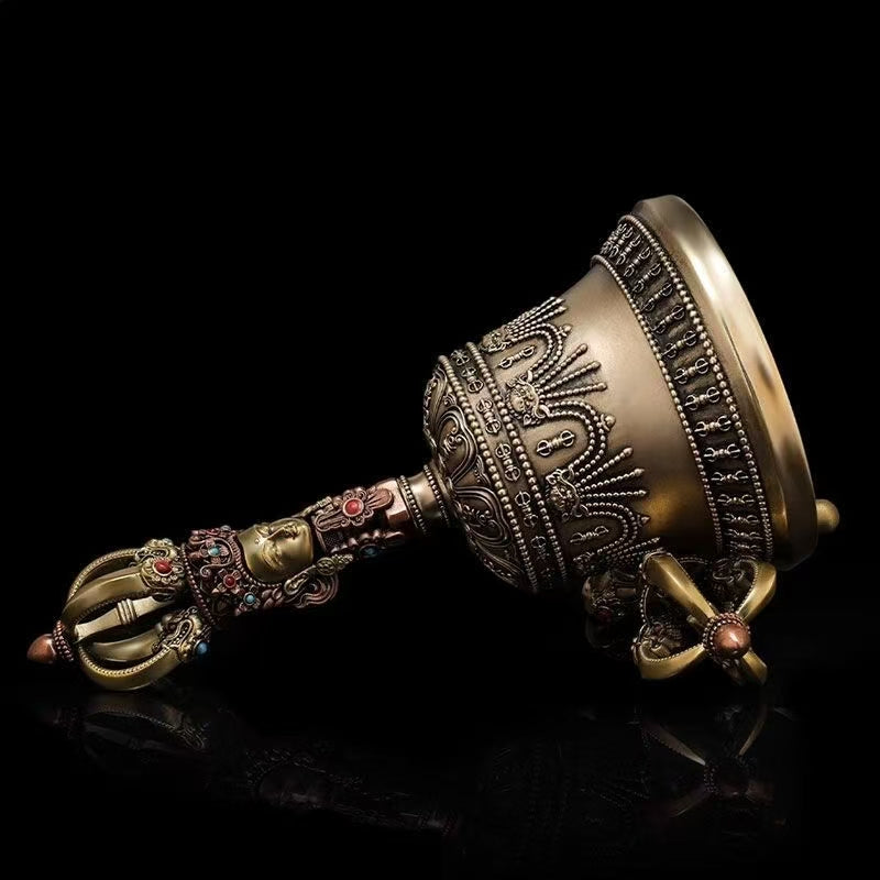 : Vintage Brass Five-Pronged Vajra Bell, beautifully crafted with carved flowers. A sacred ritual tool used in Tibetan Buddhism for spiritual purification and protection, perfect for any spiritual collection or meditation room.