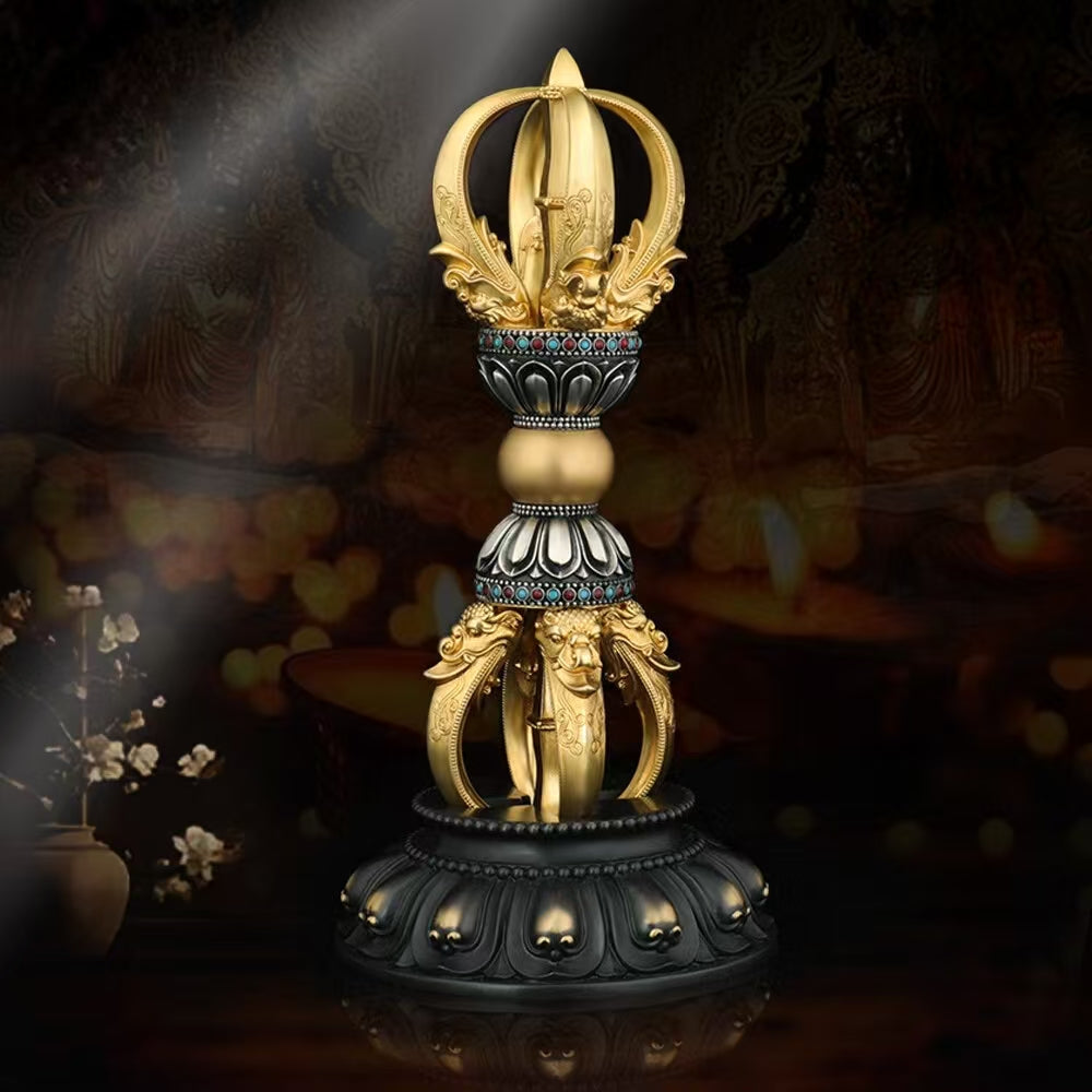 Handmade brass five-pronged Vajra, inspired by Tibetan Buddhist ritual implements culture, representing spiritual protection and the union of wisdom and compassion in ritual art.