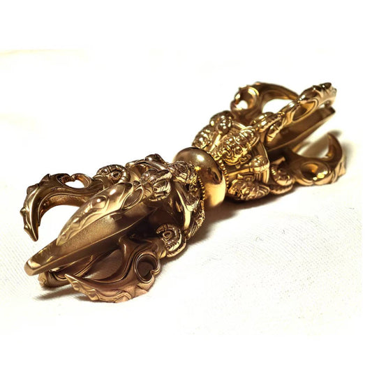 Brass Five-Pronged Vajra, inspired by Wrathful Lotus Guru Rinpoche. A powerful Tibetan Buddhist ritual tool for spiritual purification, protection, and enlightenment.