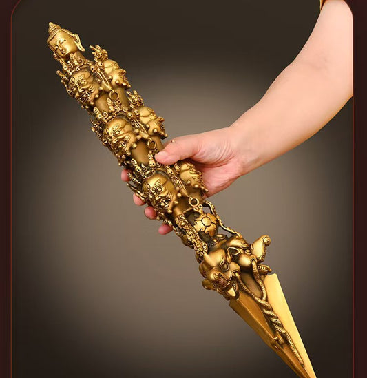 This handcrafted brass Mahakala Phurba Vajra, crafted in traditional Tibetan Buddhist style, symbolizes powerful protection and the ability to exorcise evil. Ideal for religious ceremonies, home altars, or personal practice, it brings peace and wisdom.