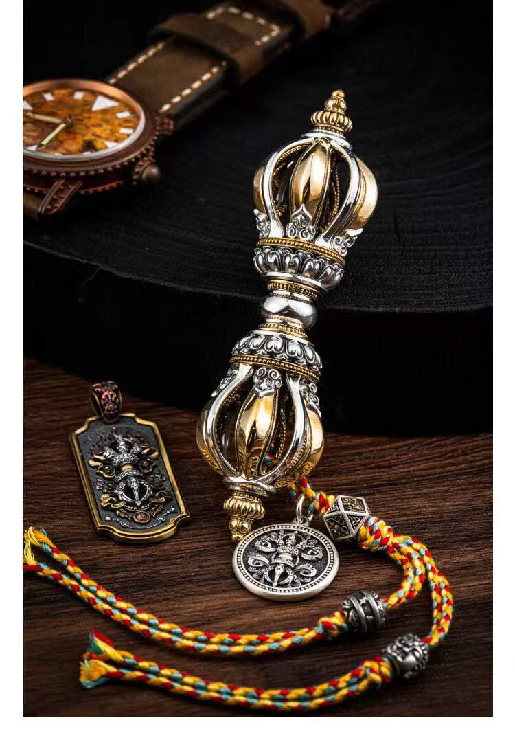 Brass Nine-Prong Vajra, a handcrafted ritual tool for protection and spiritual clarity. A sacred object for Tibetan Buddhist practices, meditation, and home decor."