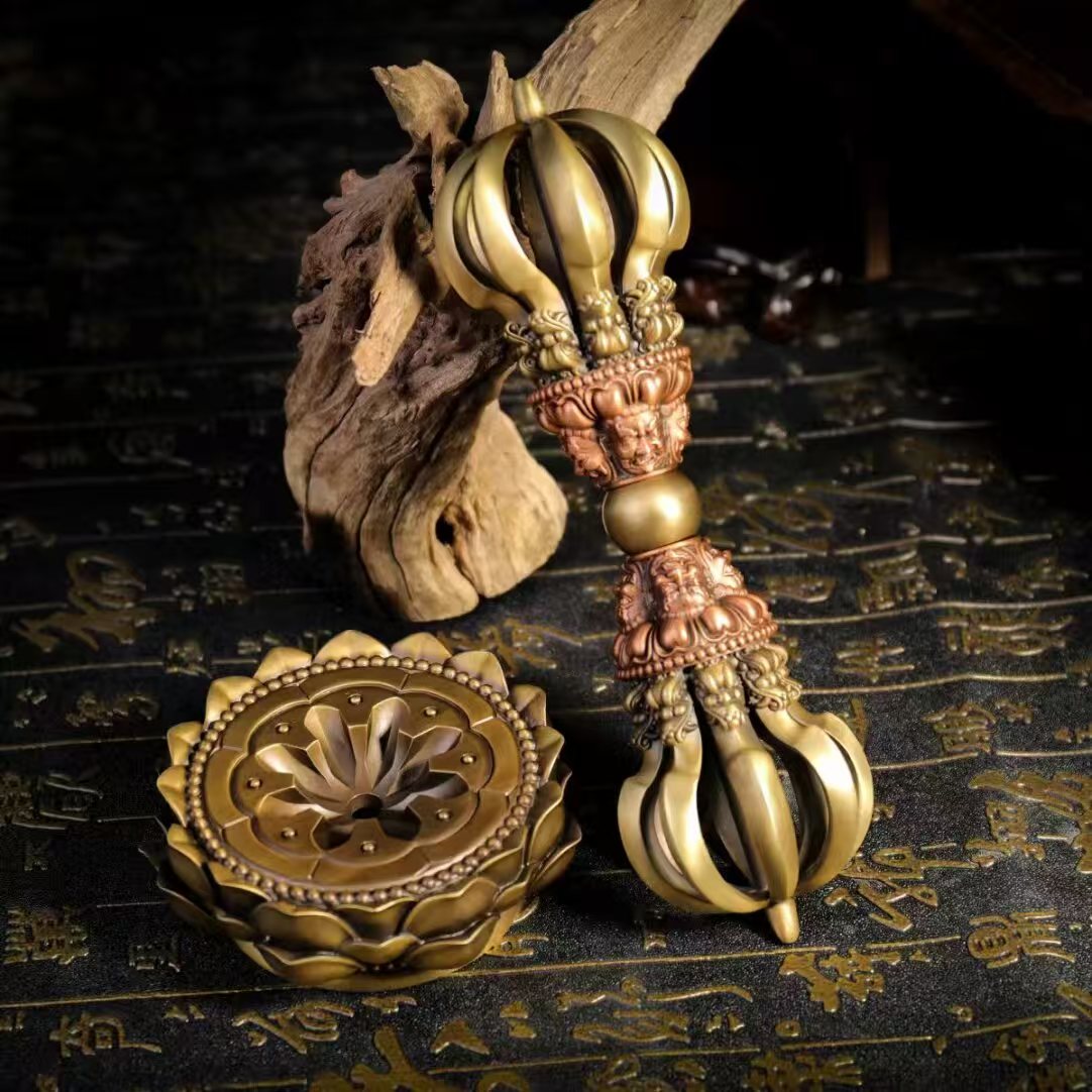 Handcrafted Brass Nine-Pronged Vajra, a sacred Tibetan artifact symbolizing spiritual strength, protection, and wisdom. Ideal for home altars and sacred spaces