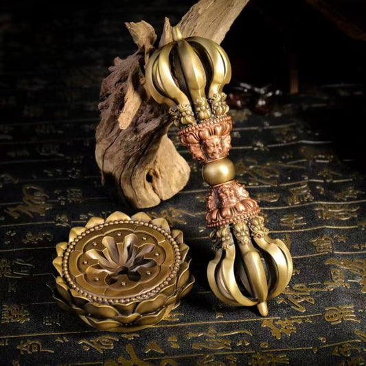 Brass Nine-Pronged Vajra, perfect for home decor. Enhances spiritual energy, offering blessings and protection to your space while embodying Tibetan Buddhist values.