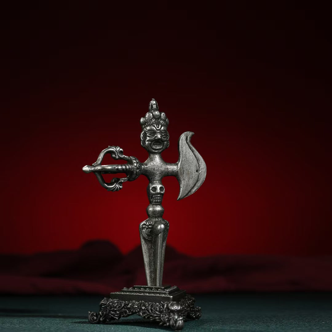 Handcrafted Brass Phurba and Vajra Axe, designed to slay negative energies and provide spiritual protection. A beautifully crafted Tibetan ritual art piece for spiritual growth.