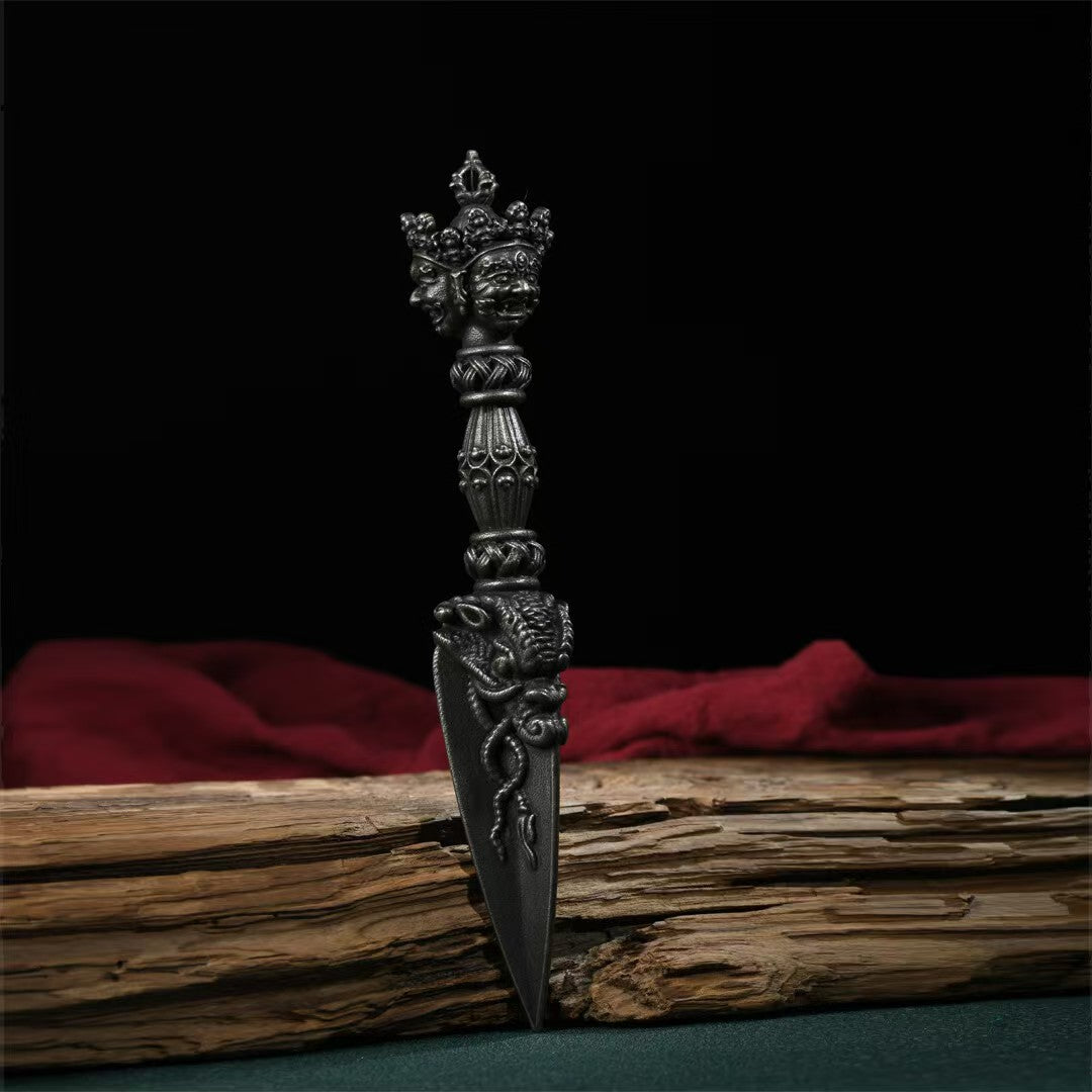 Brass Three-Pronged Phurba with Base, handcrafted Tibetan Buddhist tool for spiritual purification, protection, and meditation. A beautiful ritual art piece for altars.