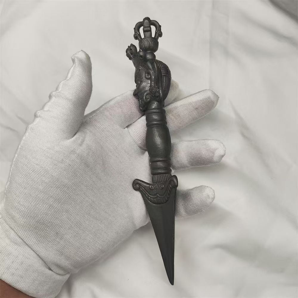 Handmade brass Tian Tie Phurba, combining traditional Tibetan Buddhist ritual implements culture and art, used for purification, protection, and enhancing spiritual practices.