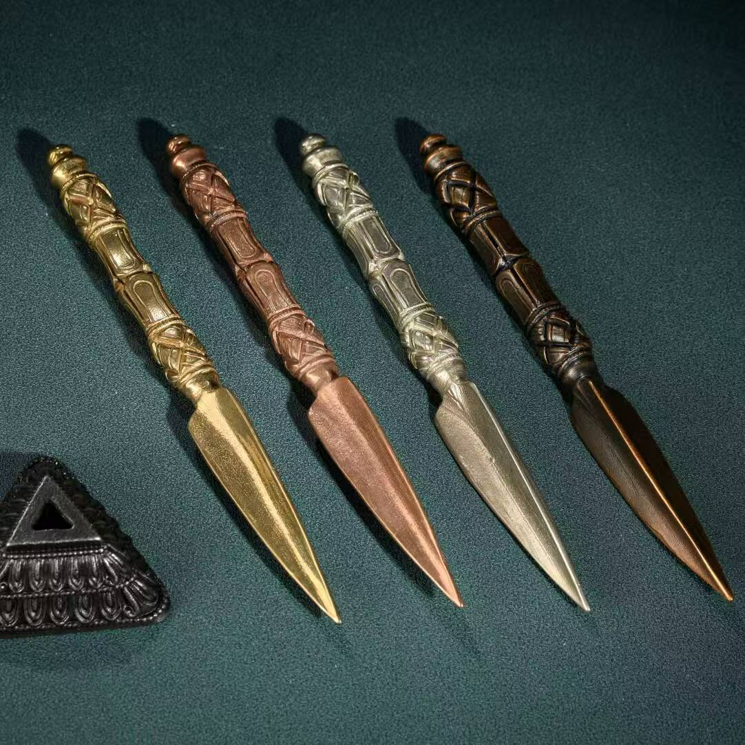 Vintage Brass Tian Tie Vajra Phurba with Base, a handcrafted Tibetan ritual tool designed for banishing negativity and enhancing spiritual practices.