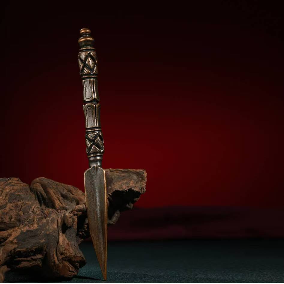 Handcrafted Tian Tie Vajra Phurba with Base, a Tibetan Buddhist ritual tool made of brass for purification, spiritual protection, and ritual ceremonies.