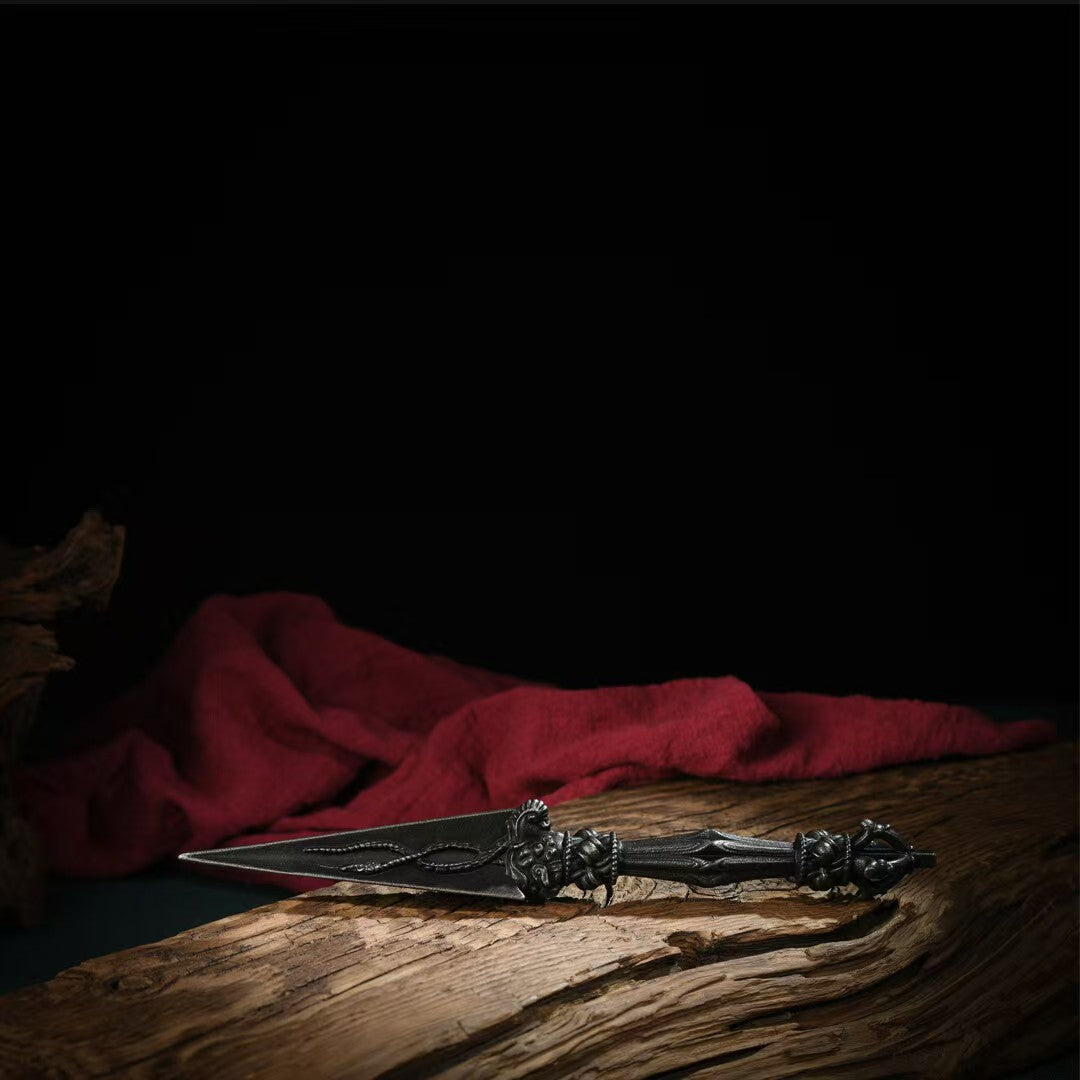 Handcrafted Brass Tian Tie Vajra with Base, a vintage-style Tibetan Buddhist Phurba. A powerful tool for spiritual protection and purification.