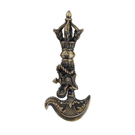 Brass Five-Prong Vajra with Axe Knife, handcrafted to embody Tibetan Buddhist ritual implements culture. A symbol of spiritual strength and protection for your sacred space."