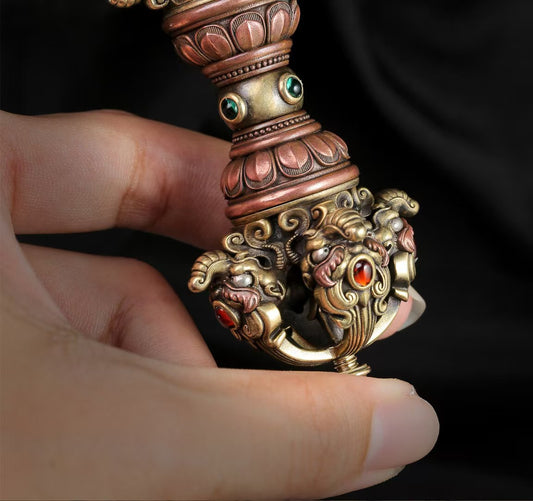 This handcrafted large brass Vajra symbolizes spiritual protection and wisdom in Tibetan Buddhism. Ideal for meditation, rituals, and enhancing your sacred space