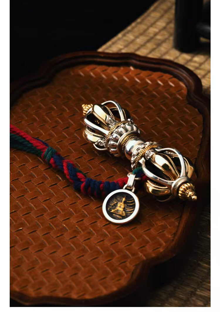 Brass Nine-Prong Vajra, a handcrafted artifact used for demon subduing in Tibetan Buddhist rituals. A symbol of spiritual protection, wisdom, and inner strength