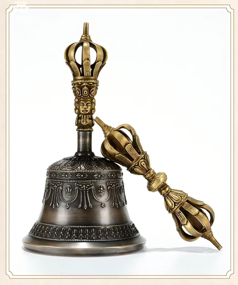 A beautifully handcrafted copper Five-Pronged Bell, combining traditional Tibetan craftsmanship with spiritual significance. Perfect for Buddhist rituals and meditation spaces.