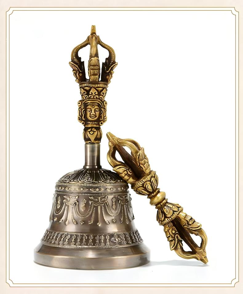 This Tibetan Buddhist Five-Pronged Bell, crafted from premium copper, is a vital tool in spiritual rituals. Its intricate design makes it an excellent addition to your altar.