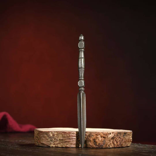 Alt Text: Handcrafted brass Phurba with base, symbolizing protection and spiritual power. Ideal for Tibetan Buddhist meditation and magical rituals.