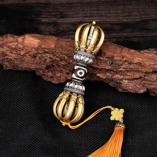 Tibetan Buddhist ritual implements culture Nine-Prong Vajra with Dzi Beads Brass & Copper Handcrafted
