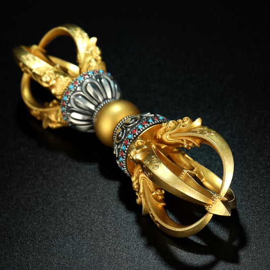 Tibetan Buddhist ritual implements culture Brass White Copper 20cm Vajra Five-Prong Handmade Art
