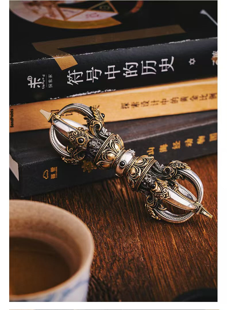 Brass Five-Pronged Vajra, meticulously handcrafted, representing Tibetan Buddhist ritual culture. A powerful ritual tool for purification and spiritual enlightenment, ideal for Buddhist altars and meditation spaces