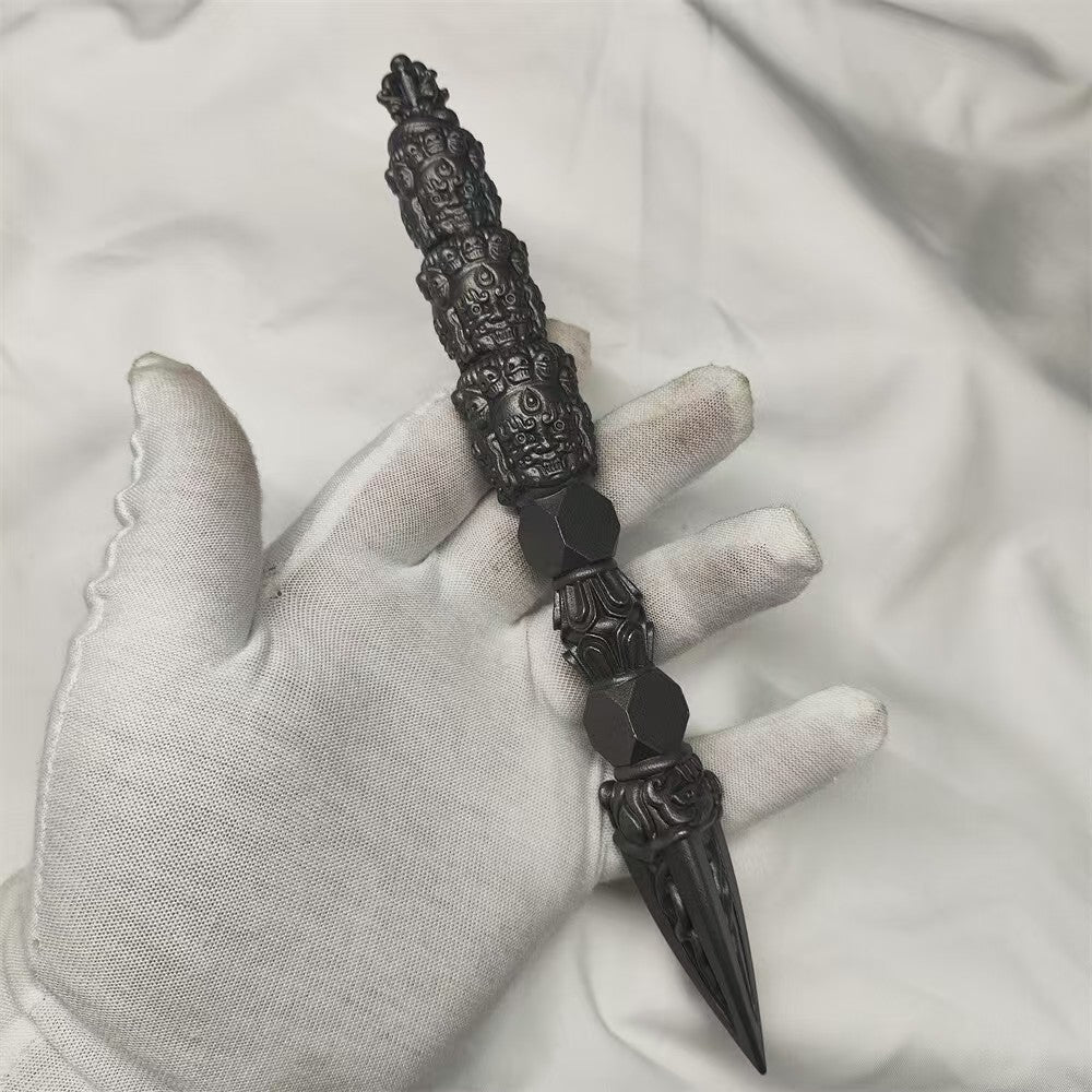 Handcrafted Nine-Headed Phurba, made of brass and 21.5mm in size, representing Tibetan Buddhist ritual implements culture and used for purification and spiritual growth.