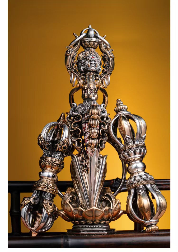 Handcrafted brass Phurba dagger, perfect as a handheld Buddhist sculpture. Ideal for use in meditation, rituals, or as a distinctive decorative piece for your altar.