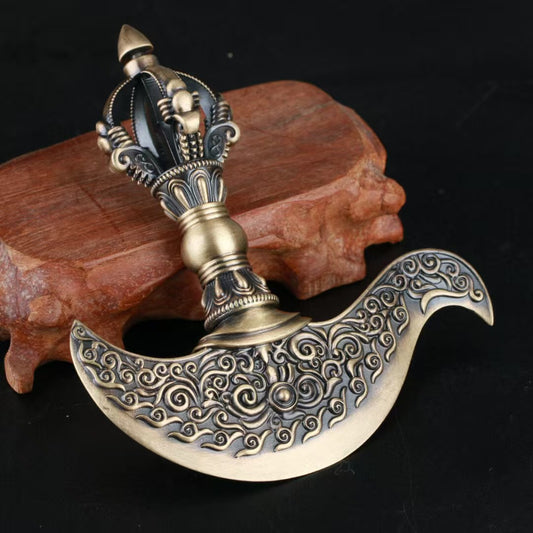 Vintage brass Five-Pronged Vajra & Nine-Pronged Axe crafted in Tibetan Buddhist ritual implements culture, sacred Buddhist ritual implements art for protection and inner wisdom.