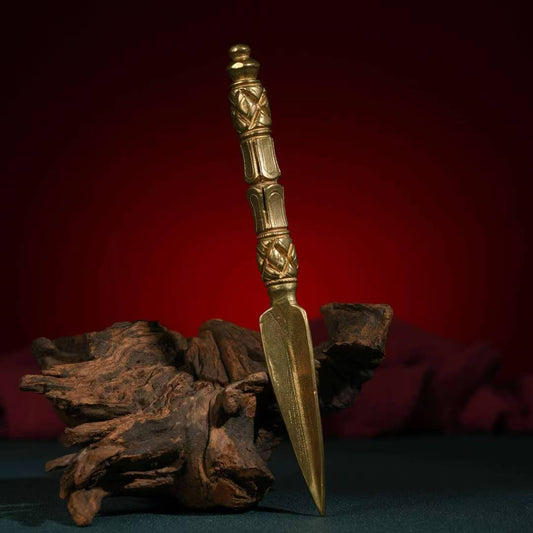 Handcrafted Brass Magic Slayer Phurba with base, a Tibetan Buddhist ritual tool for protection and spiritual strength. Ideal for meditation, ritual use, and altar displays