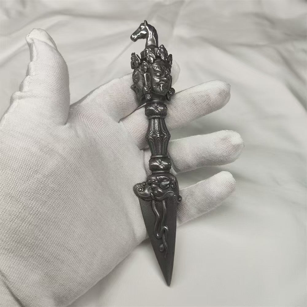 Three-faced Mahakala Phurba with Horsehead, handmade brass for Tibetan Buddhist rituals. A powerful spiritual tool for purification, protection, and meditation.