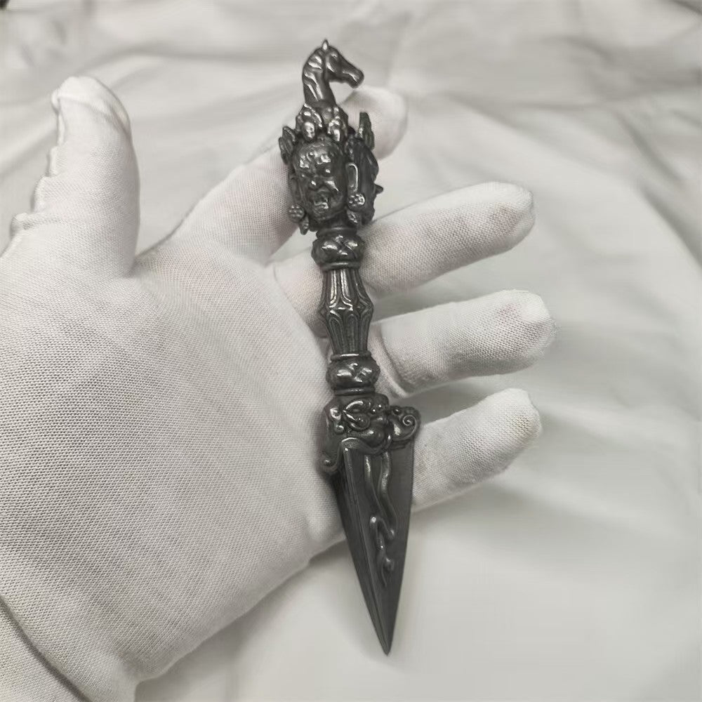 Tibetan Buddhist Mahakala Phurba Vajra with Horsehead, crafted from meteorite brass. A symbol of wisdom, strength, and spiritual power for Tibetan rituals.